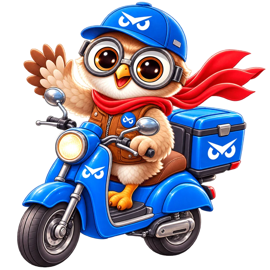 Kuku, o mascote, pilotando a moto de entrega